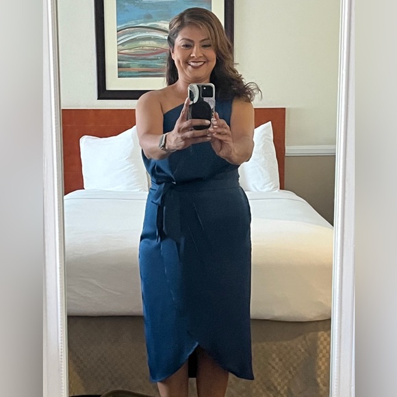 PRETTY GARDEN Satin Cocktail Dress Sleeveless One Shoulder Wrap - Size Large - Picture 2 of 7